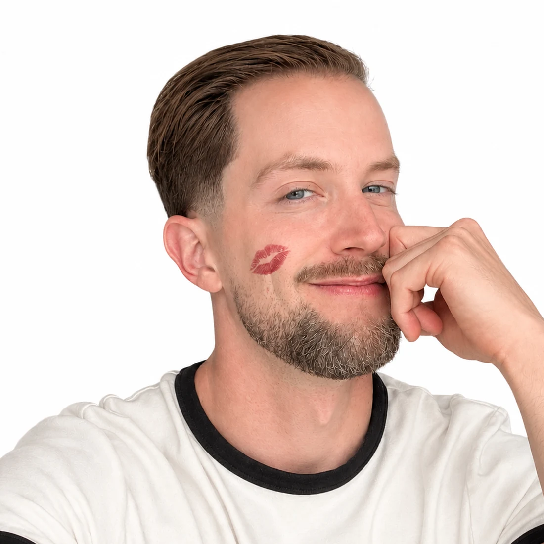 Drew Henry, hand under his chin, a lipstick print on his cheek