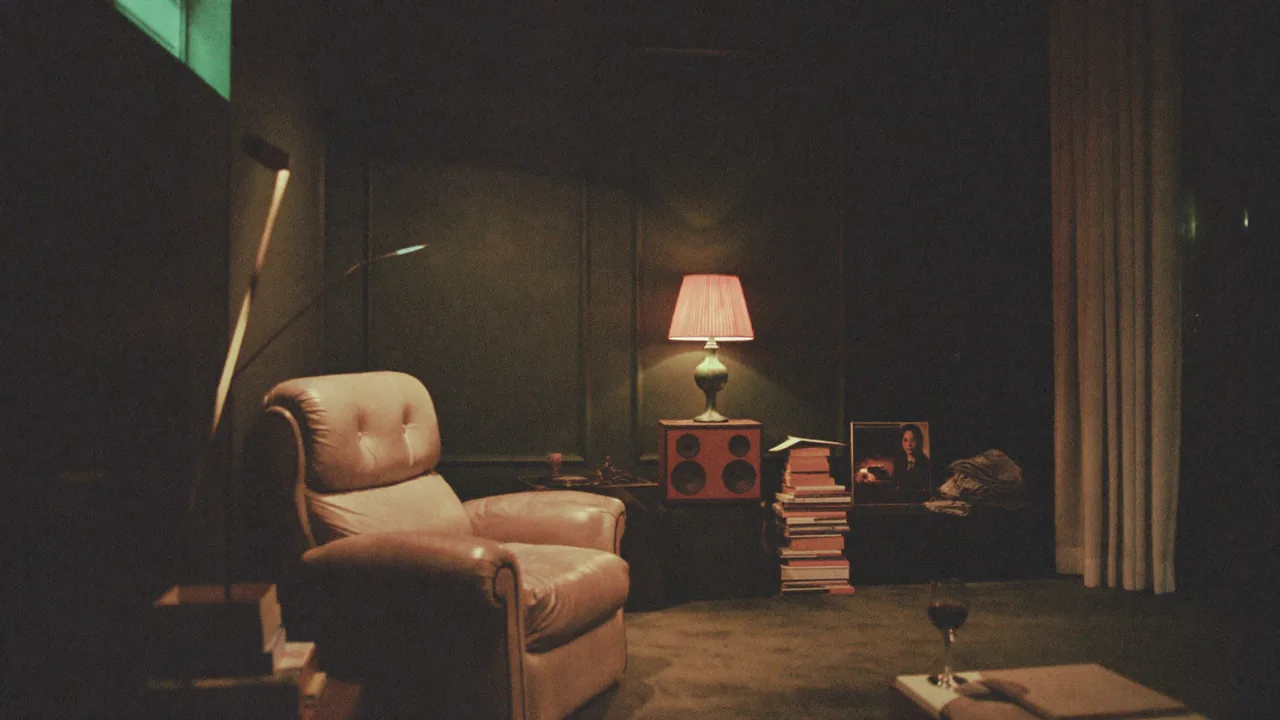 A dimly lit apartment at night, one lamp on, a record player and a glass of wine