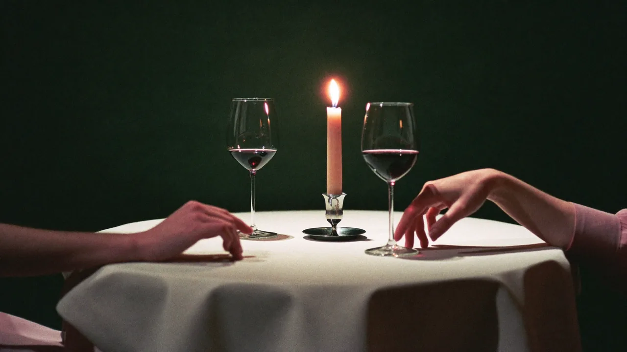 Two hands on a candlelit restaurant table, one reaching, one not quite reaching back